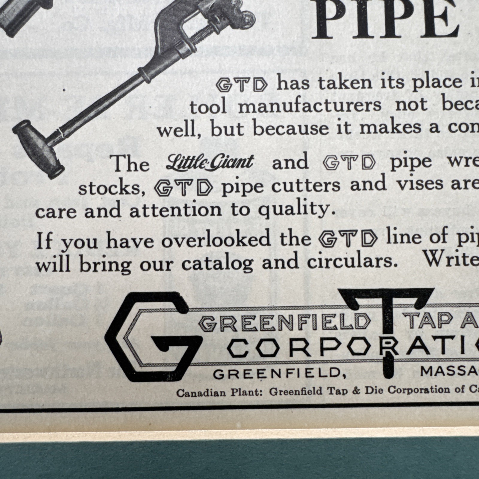 Greenfield tap and die corporation GTD Pipe Tools Advertising 7×9”