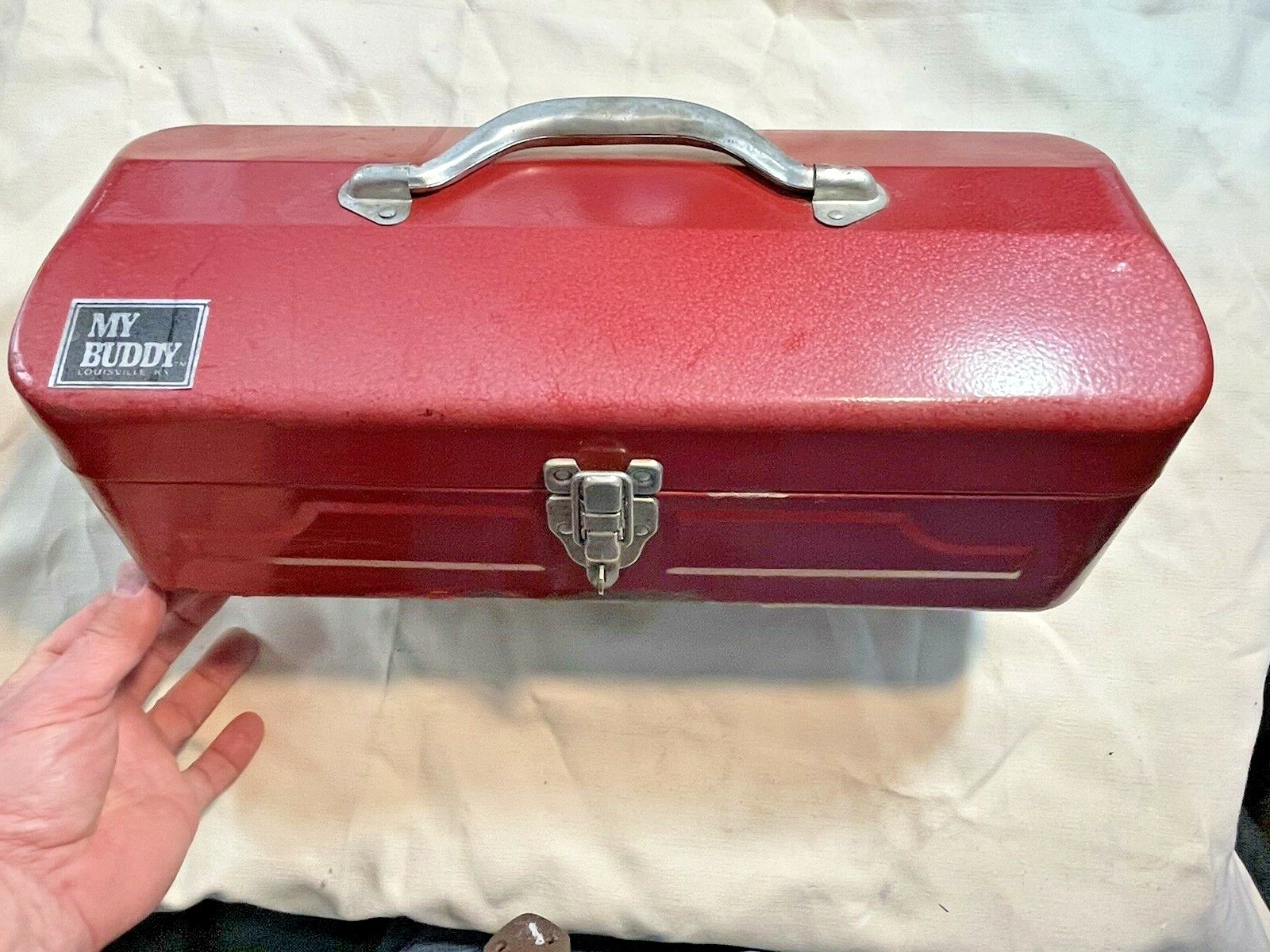VINTAGE 15” DARK RED MY BUDDY METAL TOOL BOX with Lockable Latch