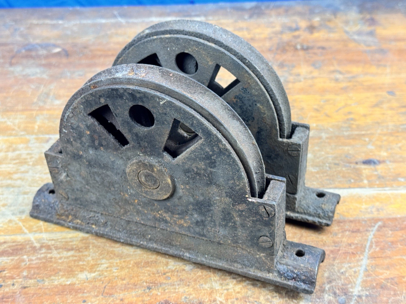 Pair C.1925 Cast Iron Pulleys, RePurpose Hardware, Architectural 6.25″ Dia Wheel