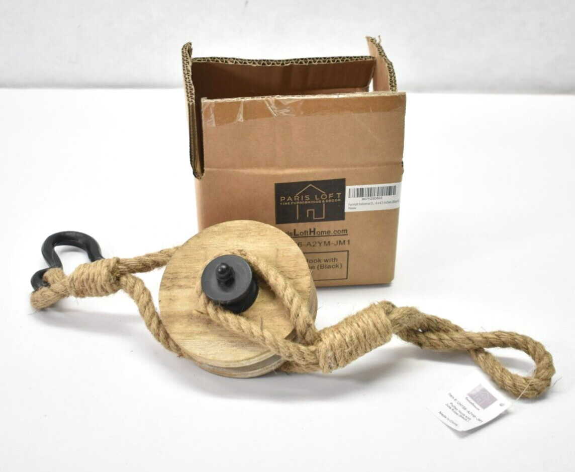 Parisloft industrial Decorative iron Faux Pulley Tackle w Jute Rope & Hook Black