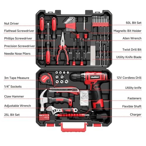 149-Piece Home Drill Set with 12V Red Cordless Drill, Hand Tools