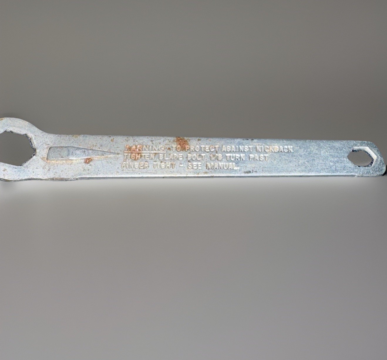 Lawn Mower Wrench Box End 1/2” to 5/16″ Satin Vintage Safety Instructions on it