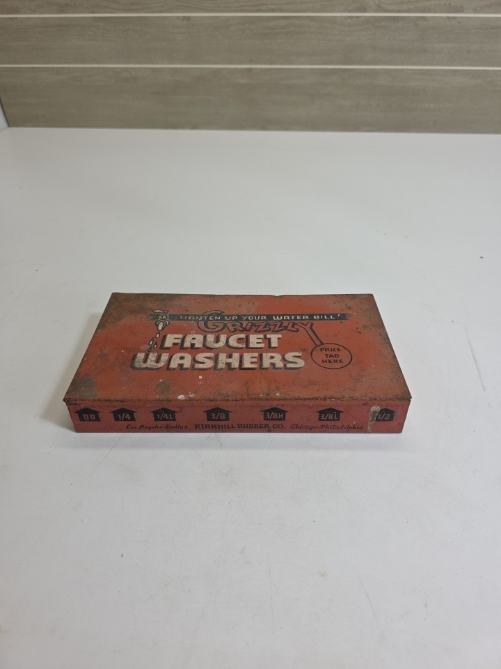 Vintage Plumbing Advertising Grizzly Faucet Washers Orange Metal Box