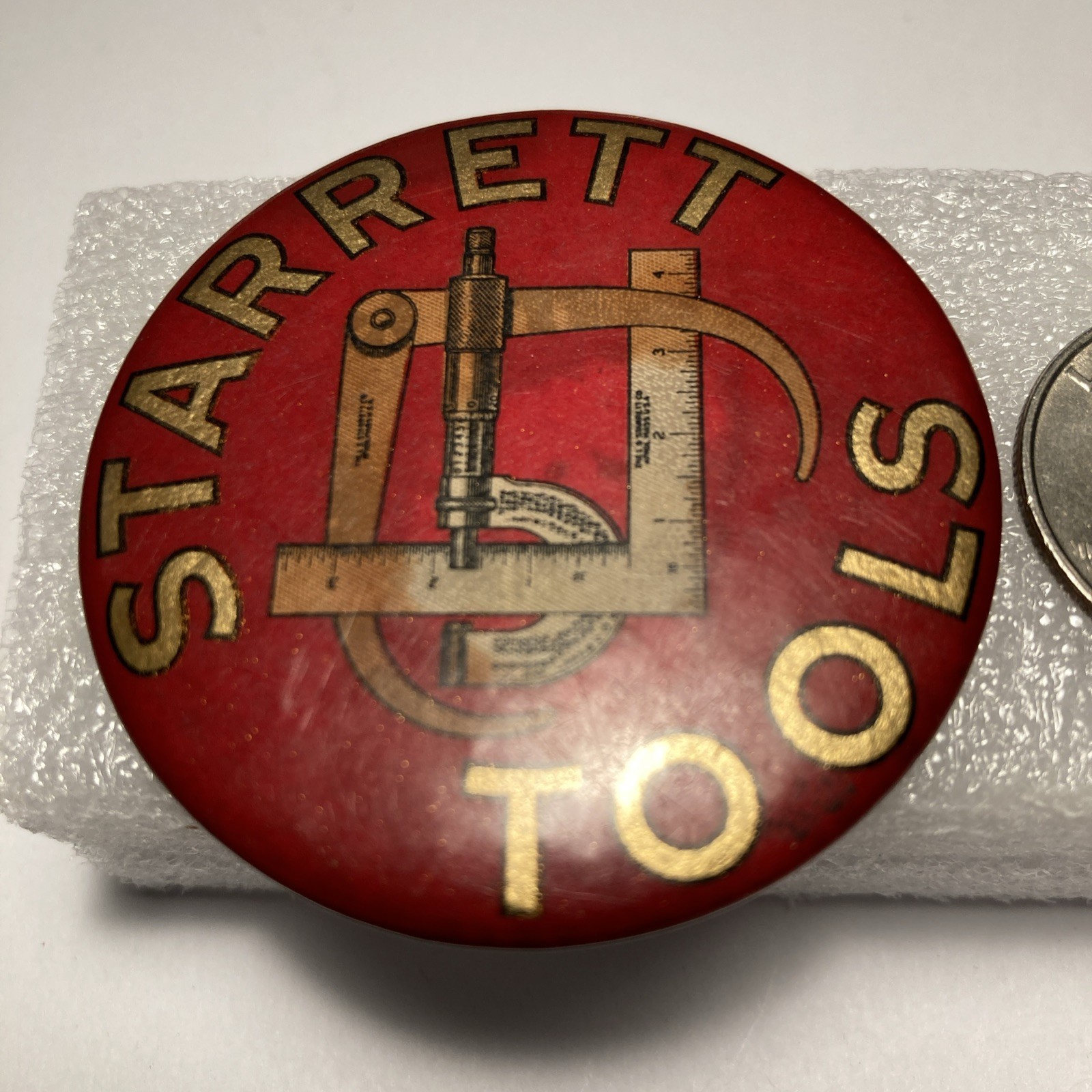 Rare Antique Starrett Tools Mirrored Back Advertising. 2-1/16”. Button.