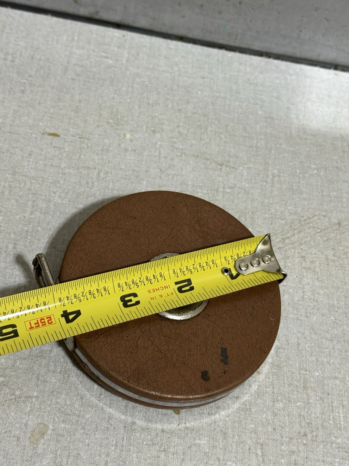Vintage 50′ Evans Steel Tape Measure Brown Leatherbound Case, White Tape In Case