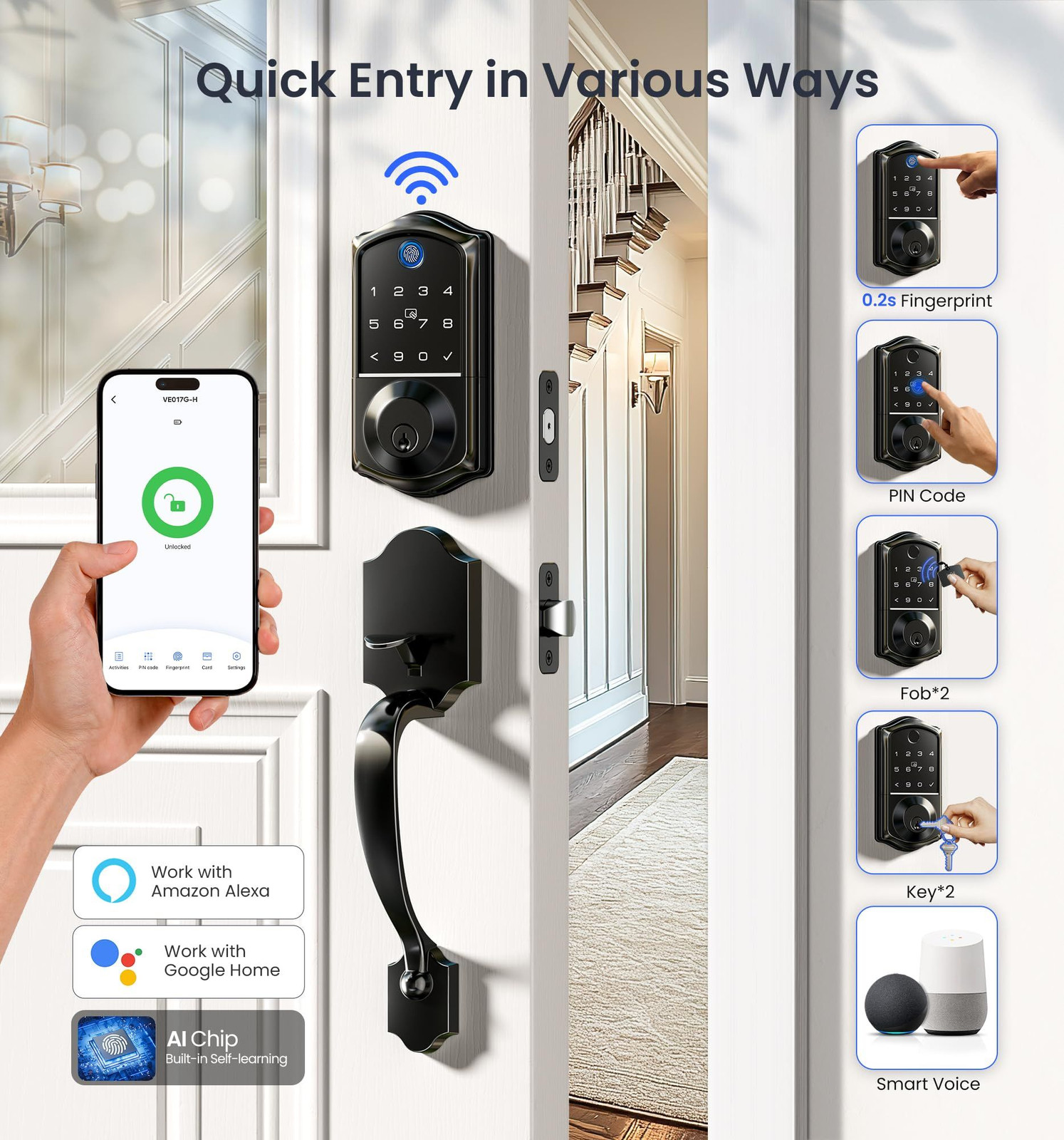 Veise VE017G-H Wi-Fi Smart Fingerprint Front Door Lock Set, Matte Black
