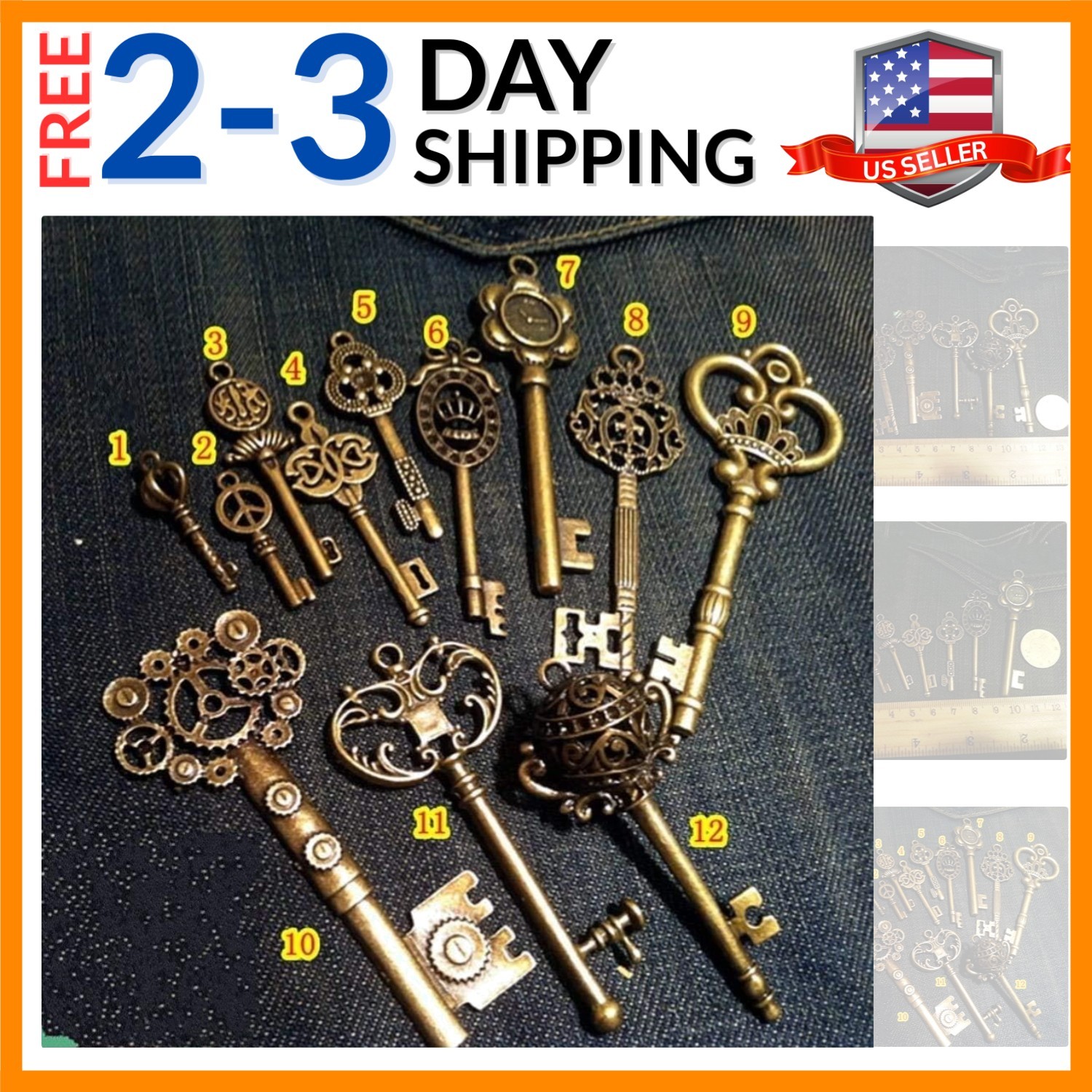 Vintage Skeleton Keys Charm Set Royal Key in Antique Bronze Pack of 12 Keys, …