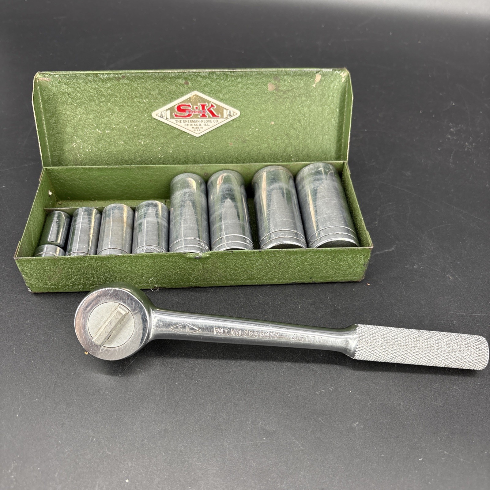 Vintage S-K Tool 9 Pc 3/8” Dr 6 Pt Deep Socket Set 3/8”-13/16” W/Ratchet & Case
