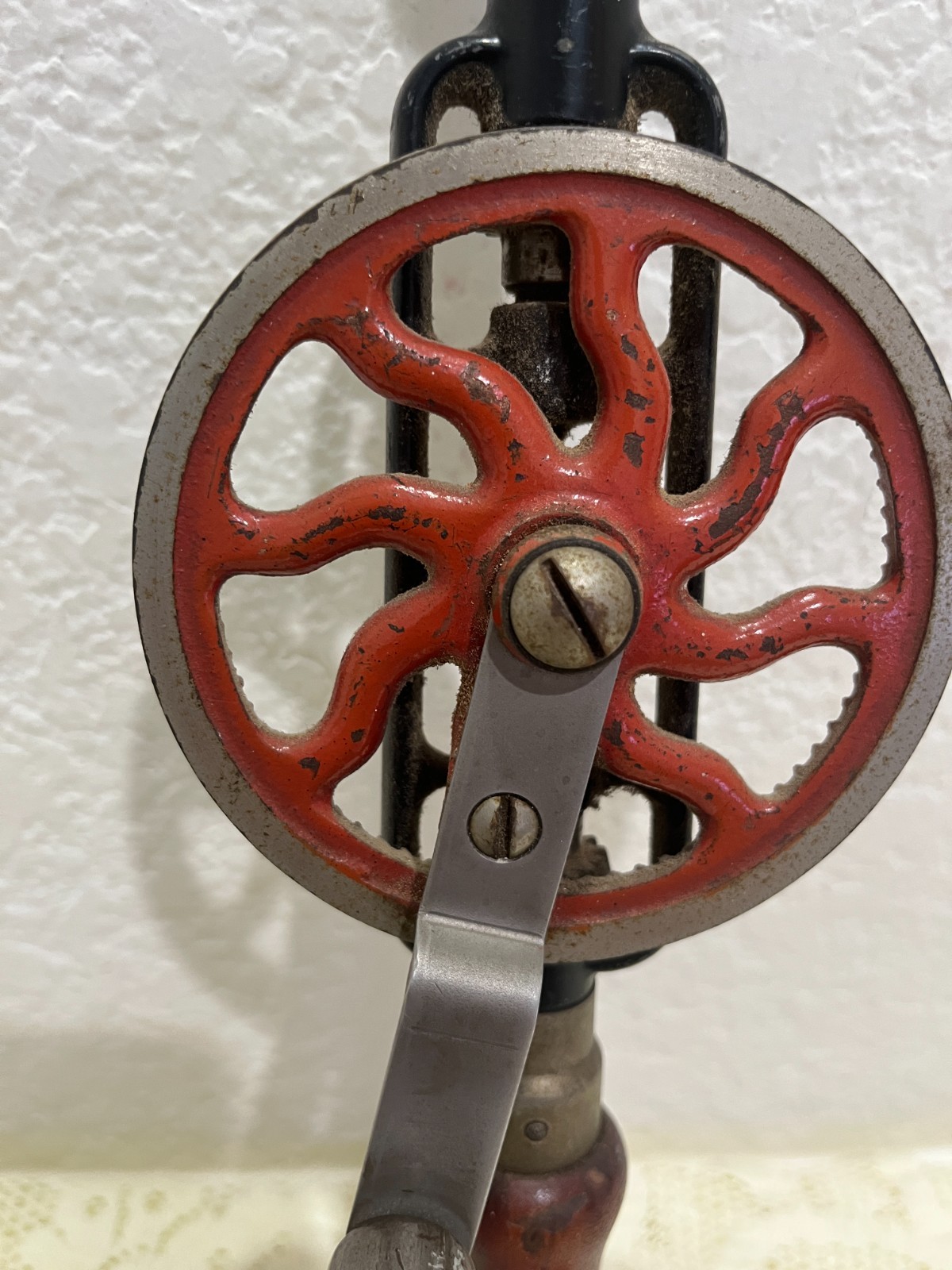 Vintage Eggbeater Hand Drill Manual Crank Wood Handle Red Gear Tool Decor