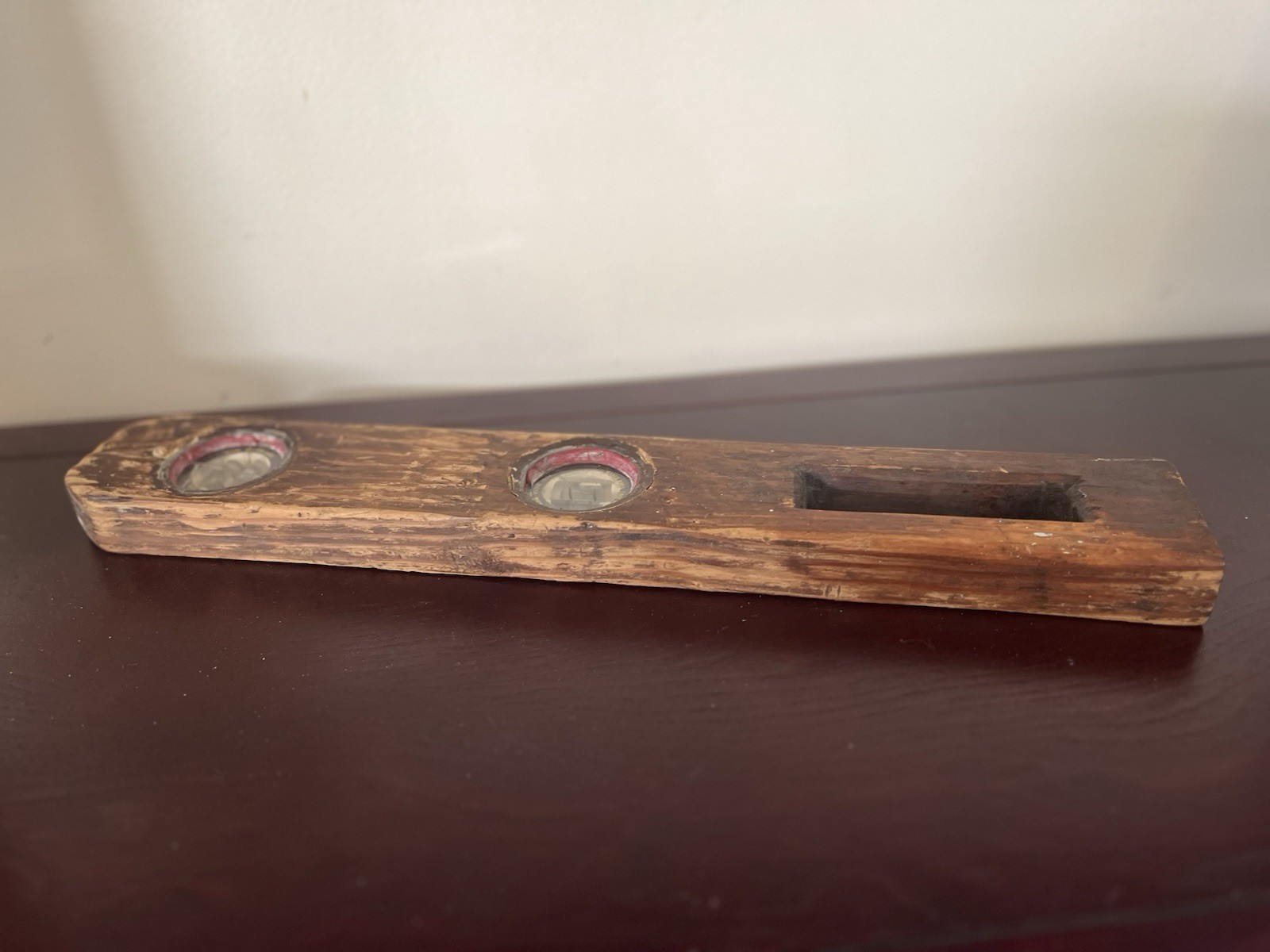 Vintage Wood Level 17.5” Mayes Bros. Tool Co Unique Handle Hold Lovingly Used
