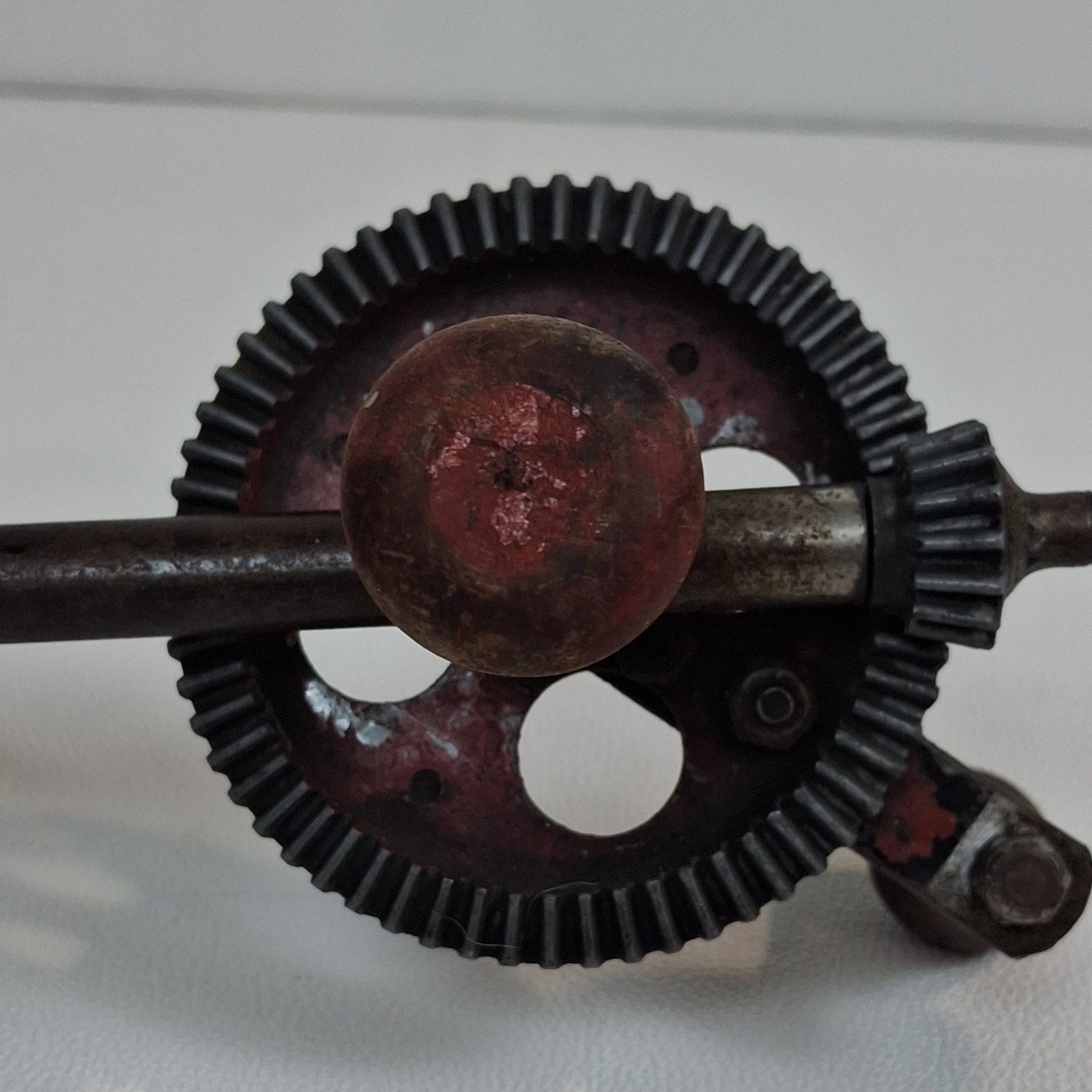 Vintage Hand Drill Eggbeater Style Tool 10-11″ Metal Wood Red Silver Brown