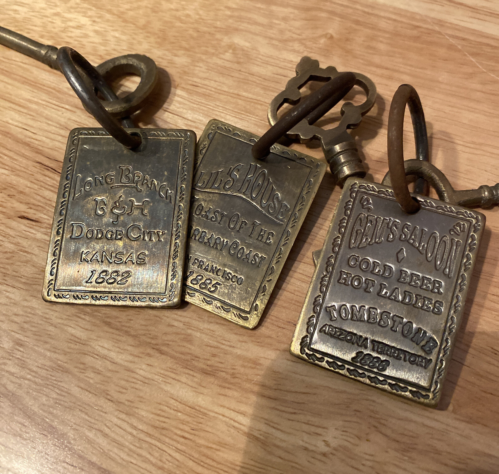 Hotel Motel Room Key Tag Skeleton Brothel Brass Patina Collector SET x5 Western