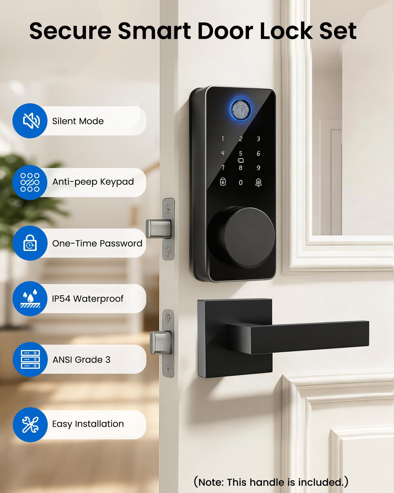 Fingerprint Keyless Entry Door Lock with 2 Handle Set, Smart Glossy Black
