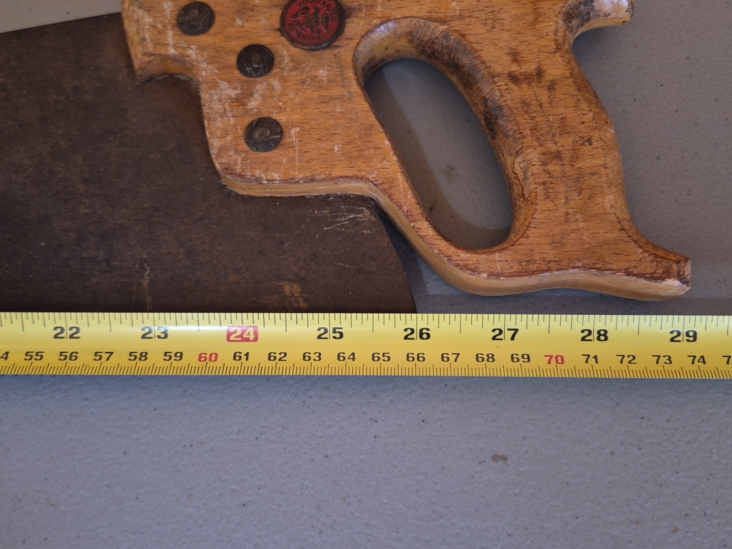 Antique Warranted Superior Hand Saw 26 Inch Blade Wheat Carved Wood Handle