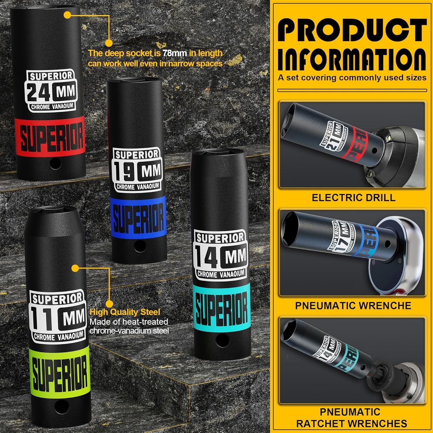 14 Piece 1/2″ Drive Impact Socket Set, 8 mm – 22 mm Deep Socket, Metric Socket