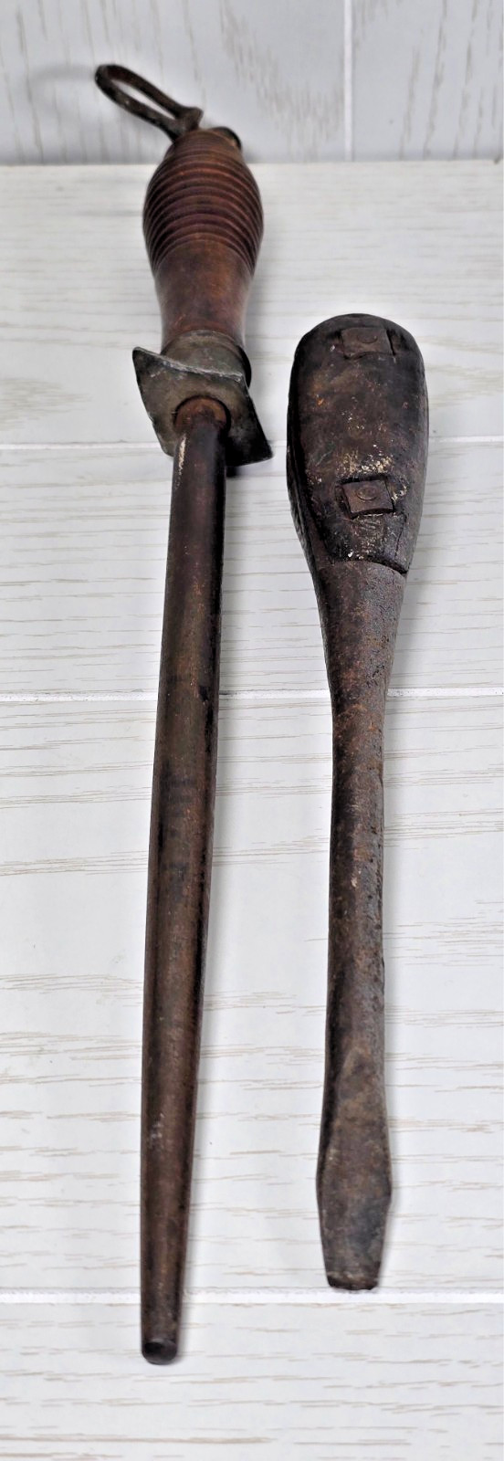 Antique Wood Handle Slotted Screwdriver & Vintage Knife Sharpening Steel Tool