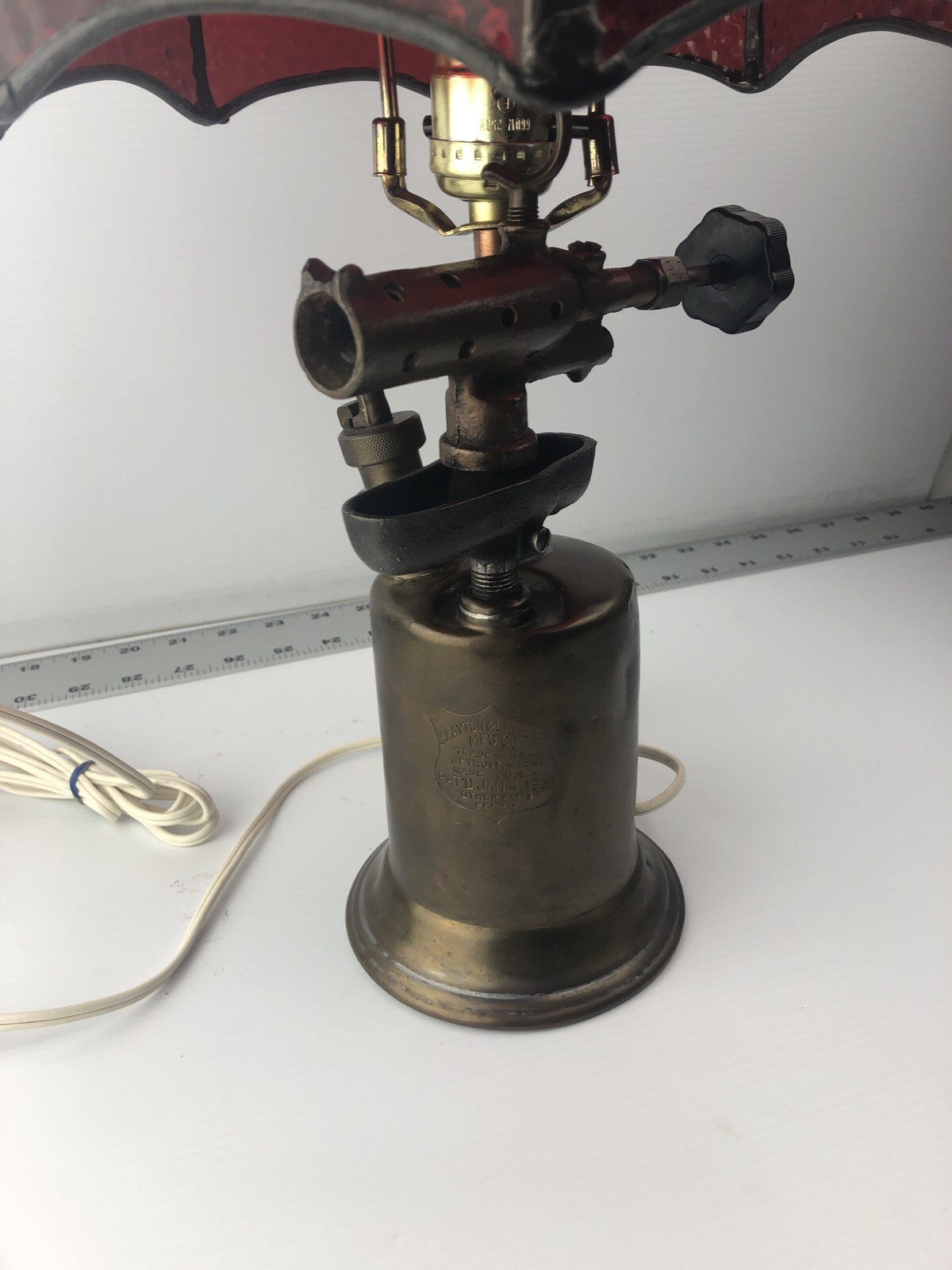 Vintage Clayton & Lambert Brass Blow Torch Lamp Ruby Red Stain Glass Shade
