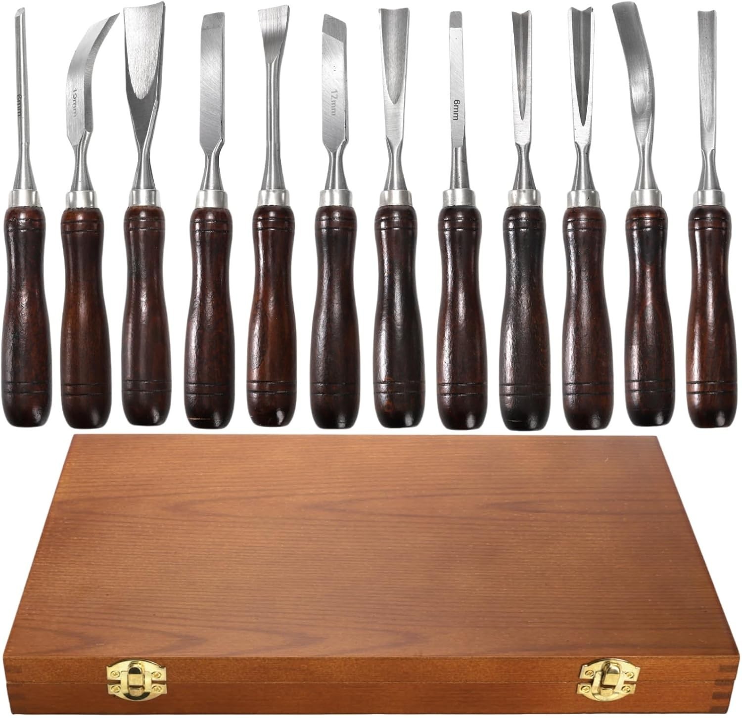 12 Pieces Wood Chisel Set, Woodworking Carving Tools with Wooden Box, CR-V Steel