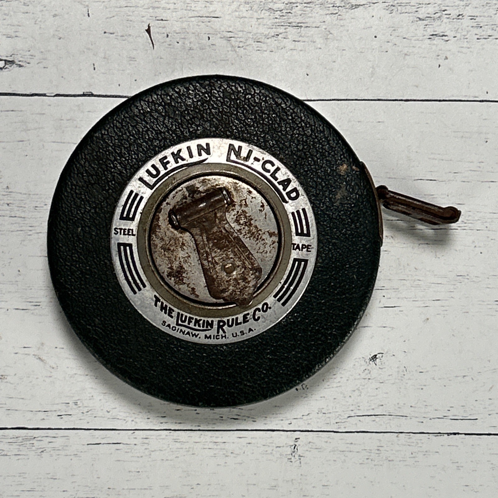 Vintage Lufkin Royal 50′ Tape Measure Ni Clad Soft Tape Saginaw MI 1940s-1950s