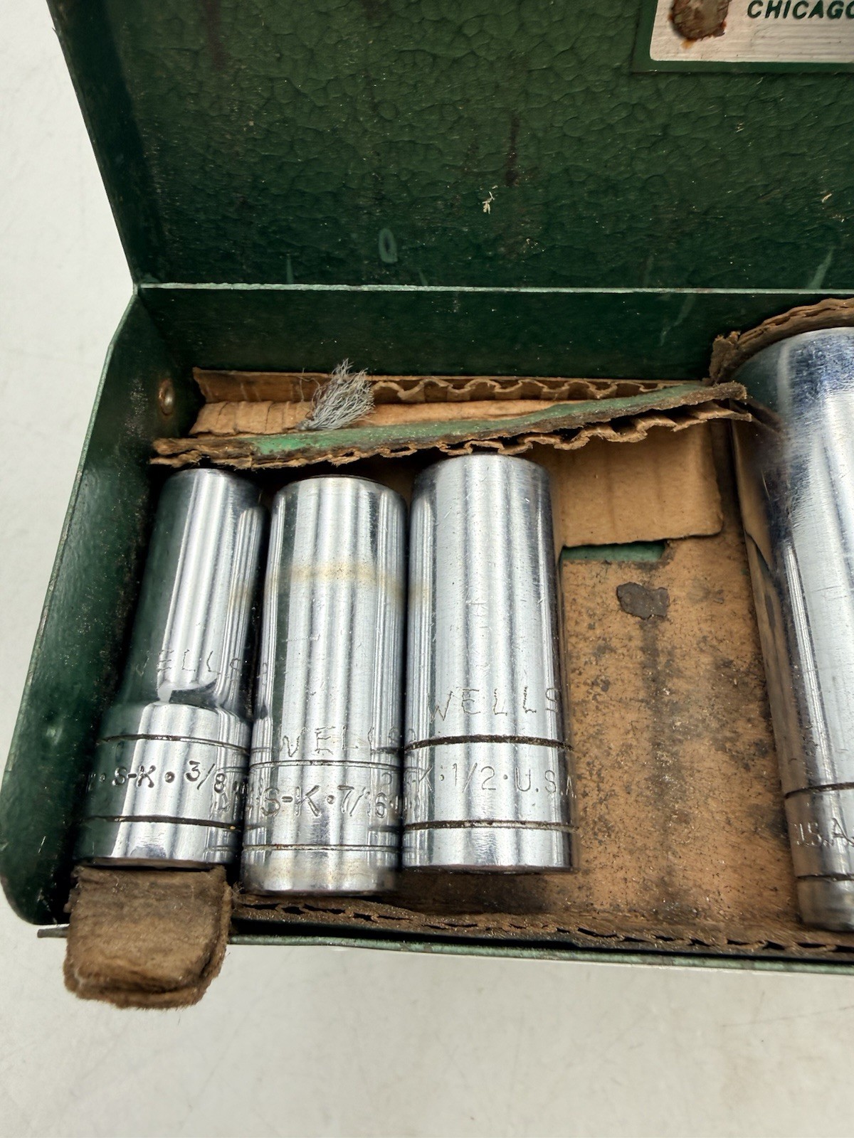 Vtg S-K WAYNE Tools 3/8″ Drive SAE 7pc Deep Well Socket Set In Orig. Metal Case