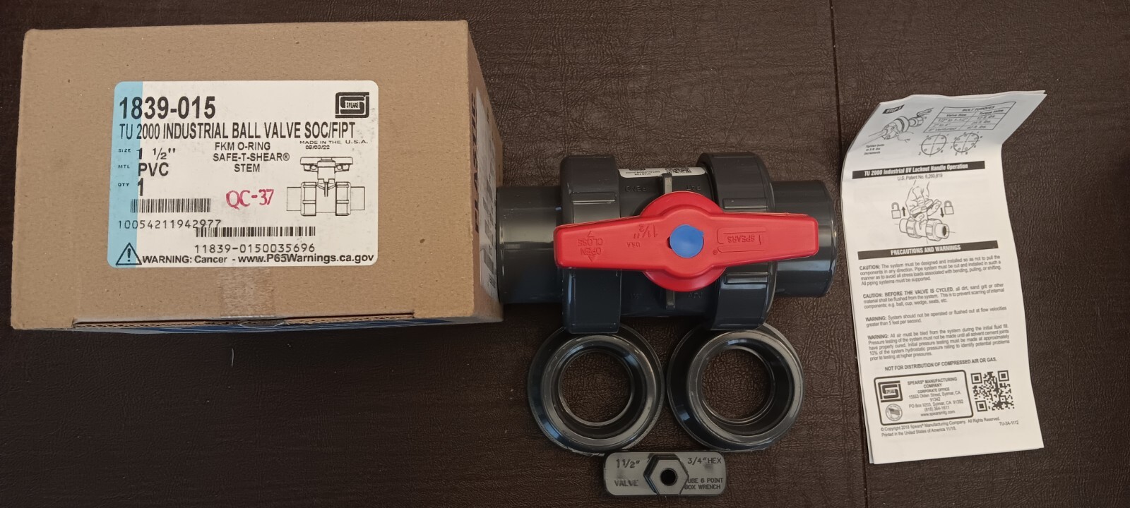 SPEARS:1839-015 TU 200 INDUSTRIAL BALL VALVE SOC/FIPT SIZE 1 1/2” MTL: PVC