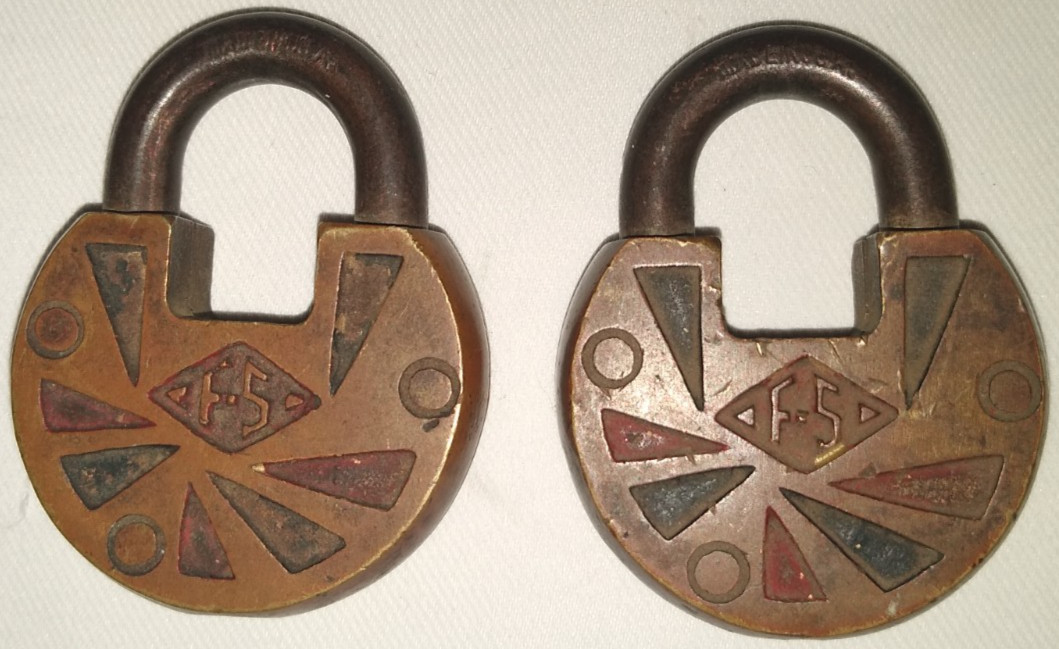 VINTAGE F-S FRAIM SLAYMAKER HARDWARE CO BRASS PADLOCK PAIR NO KEYS