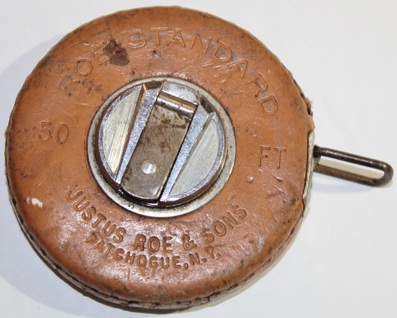 Vintage JUSTUS ROE & SONS 50 FT LEATHER TAPE MEASURE PATCHOGUE NEW YORK S1