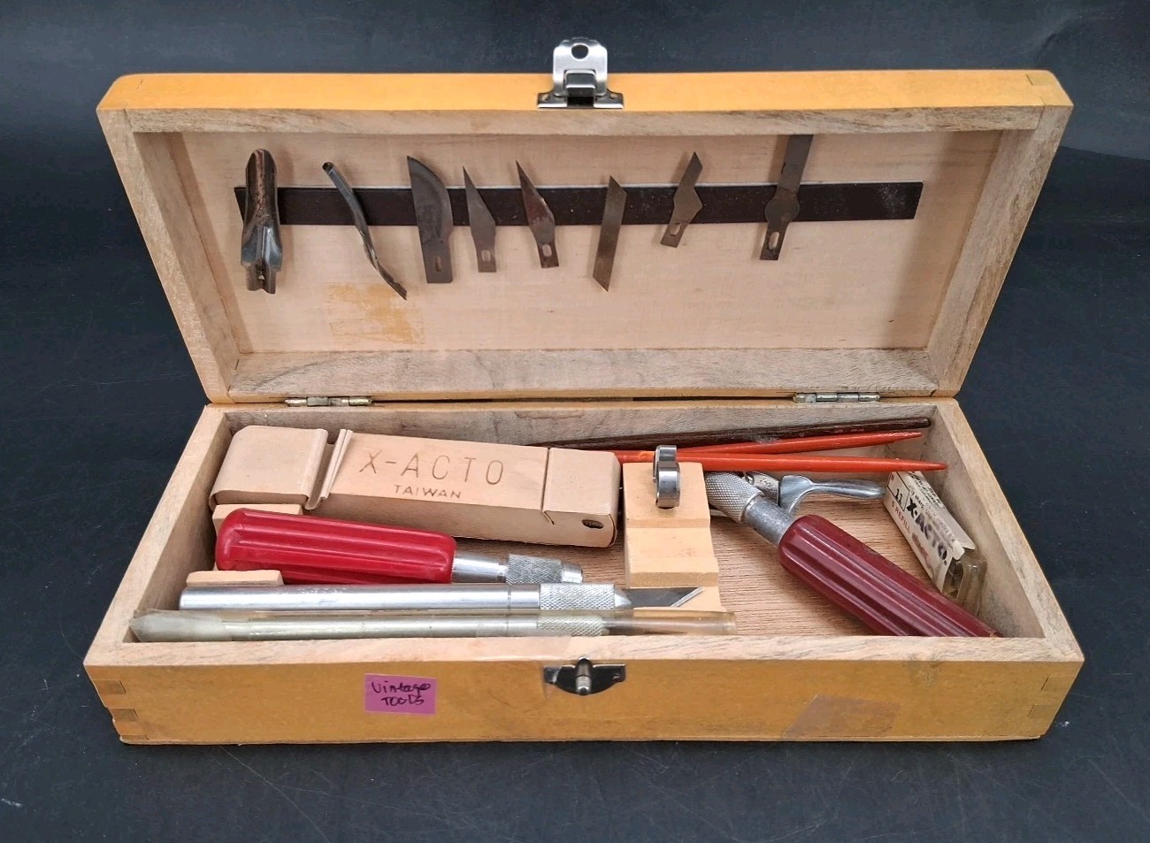 Vintage X-Acto Workshop Crafting Tools Kit Wooden Box Blades Incomplete Set