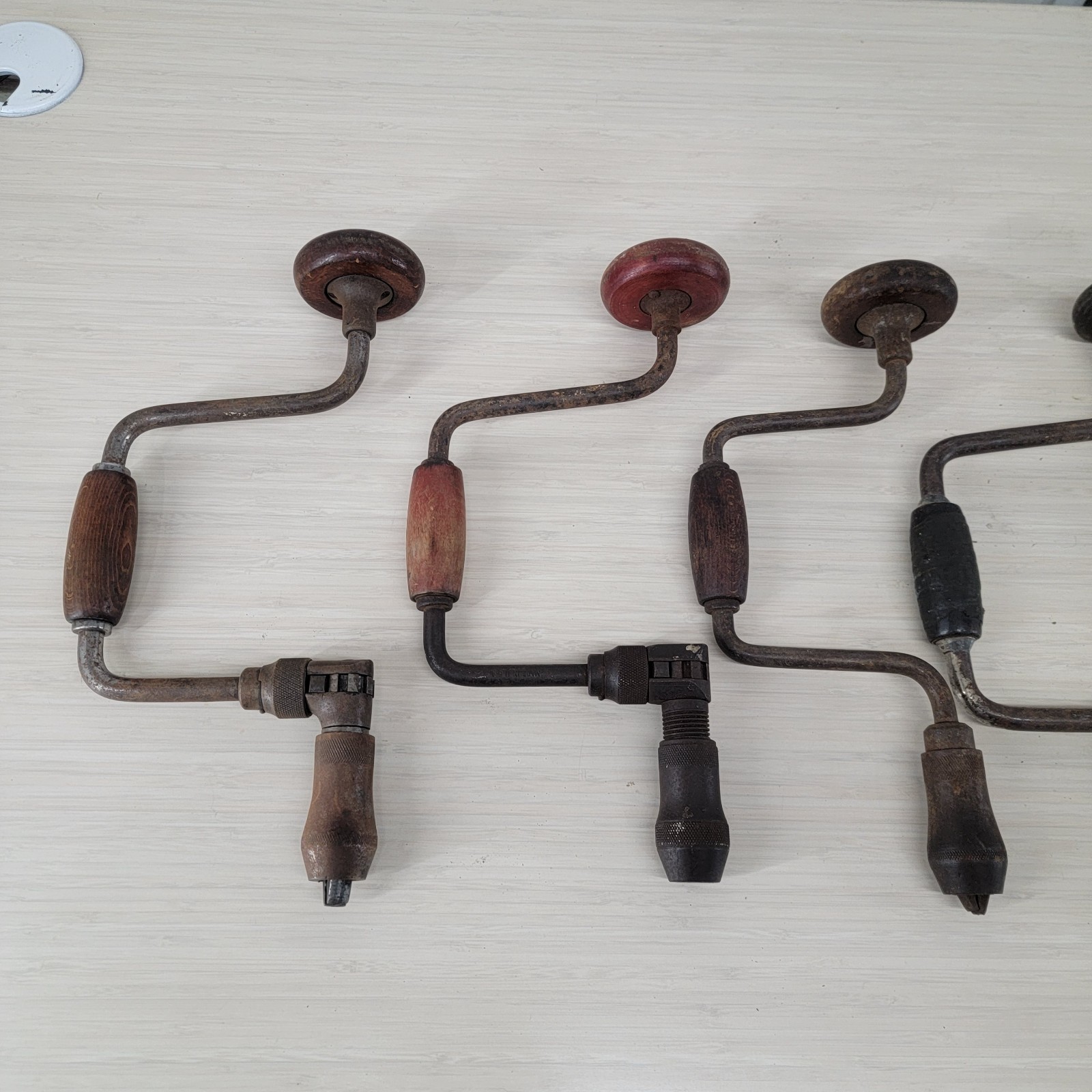Lot of 9 Vintage Hand Braces + 3 Auger Drill Bits Woodworking Tool Set