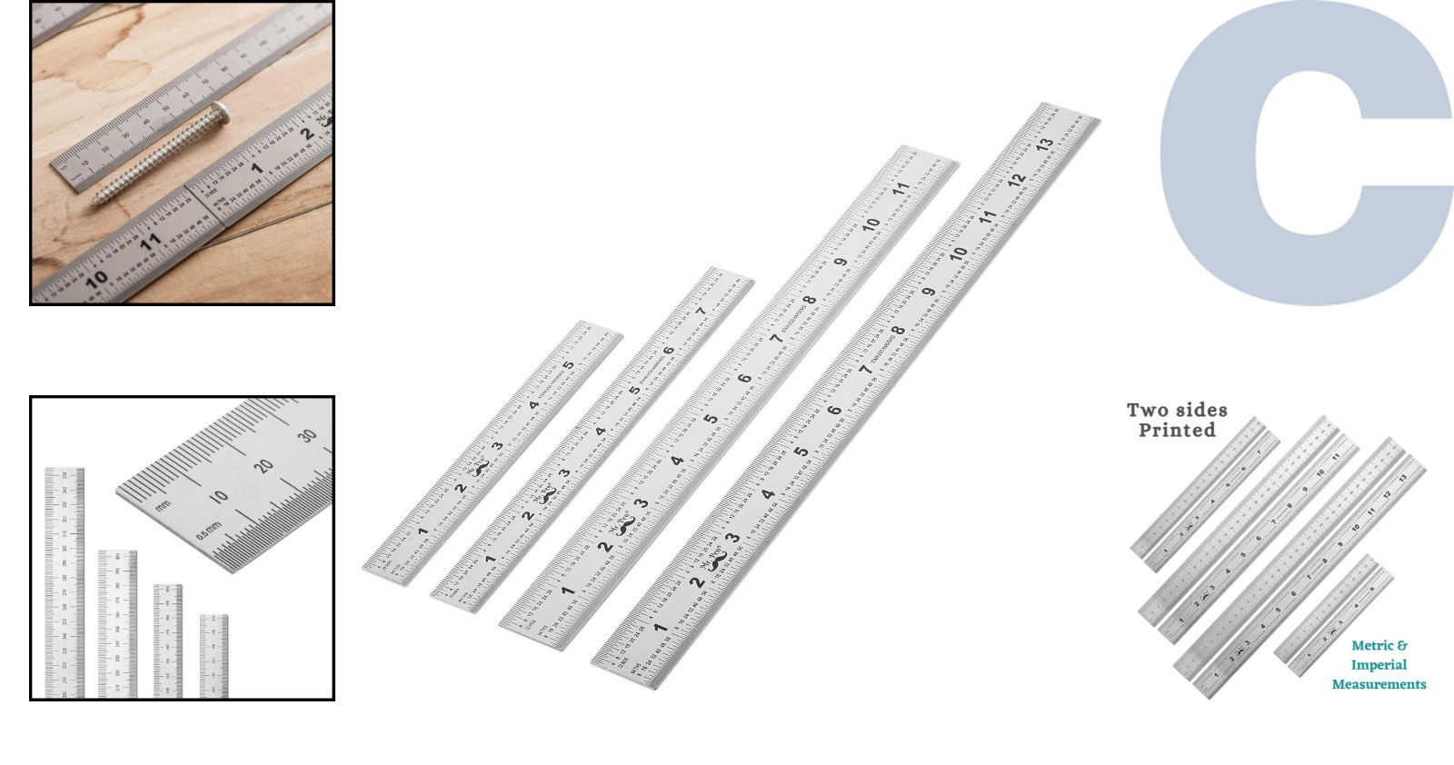 Stainless Steel Ruler Set (4-Pack) – 6, 8, 12, 14 Inch with Dual Measures