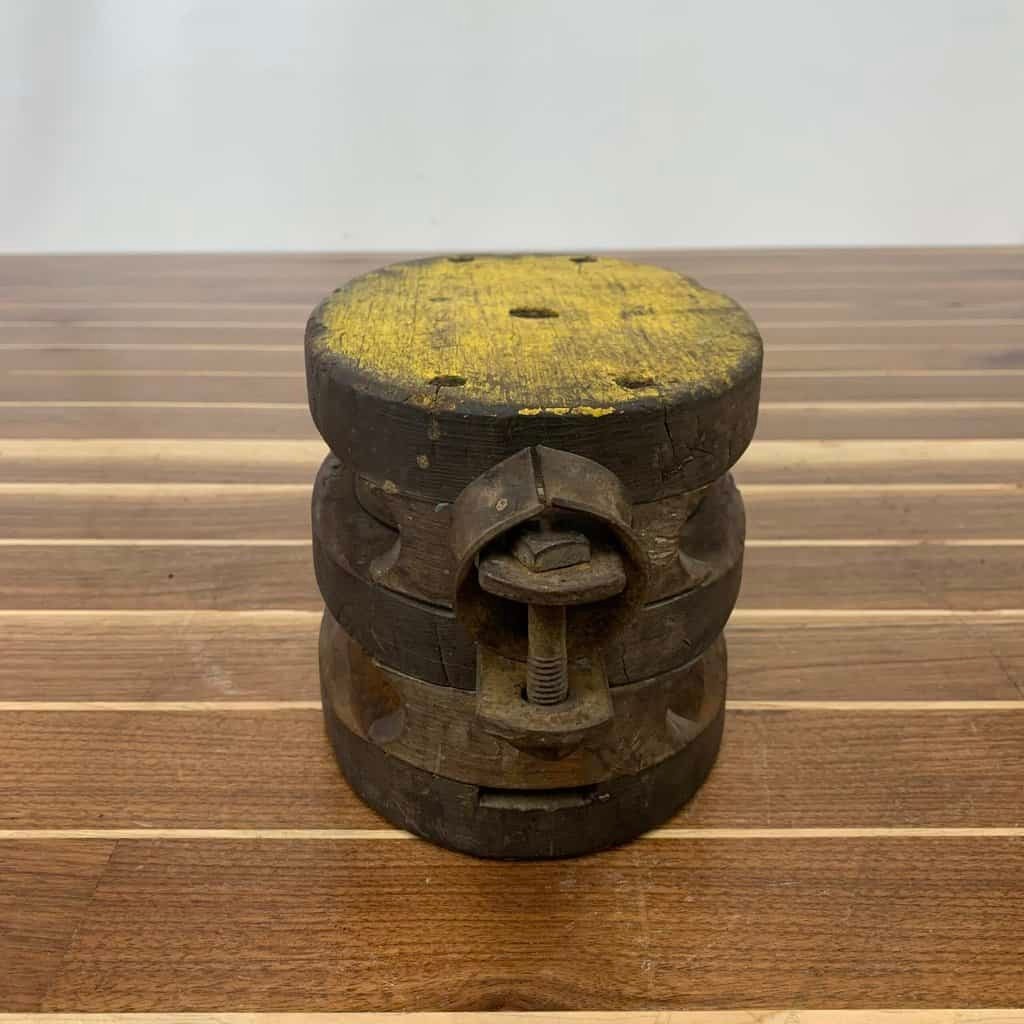 Vintage Great Lakes Wood Block Pulley | Double Sheeve Yellow Paint Rustic Decor