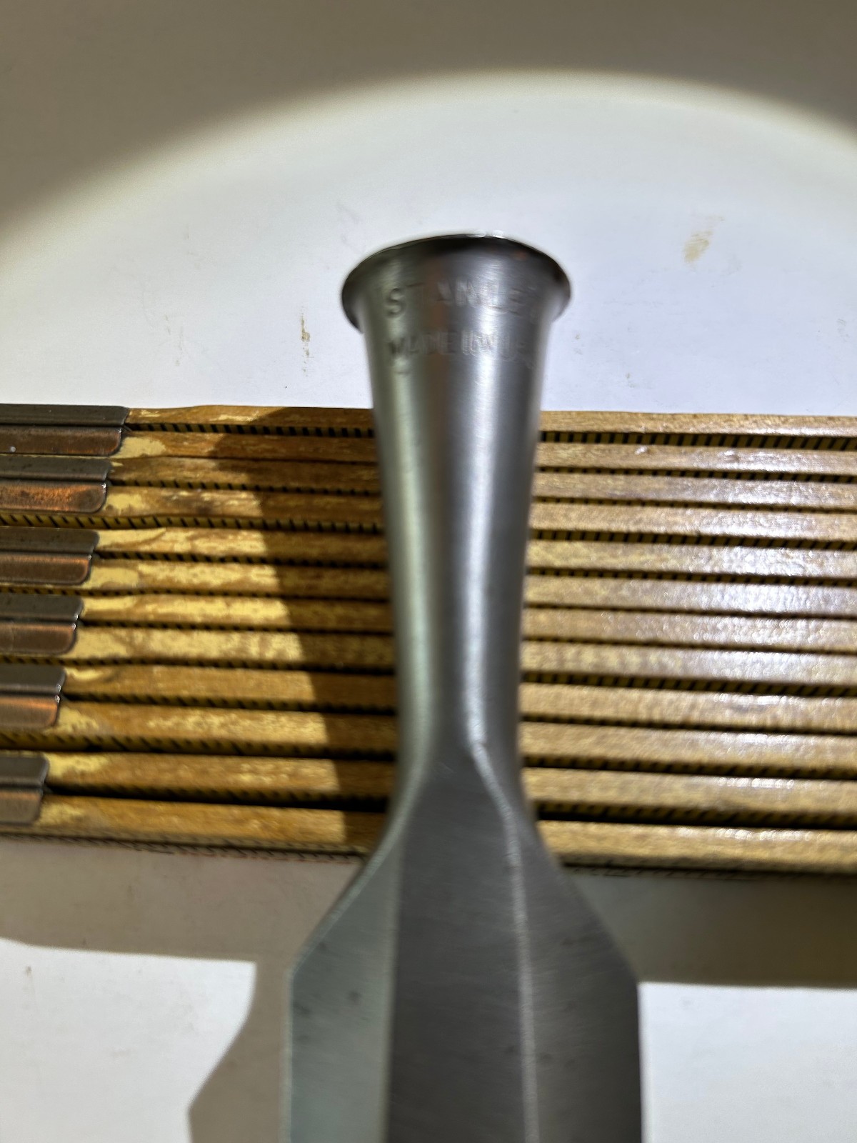 Stanley 1 1/4 inch bevel edge socket chisel.