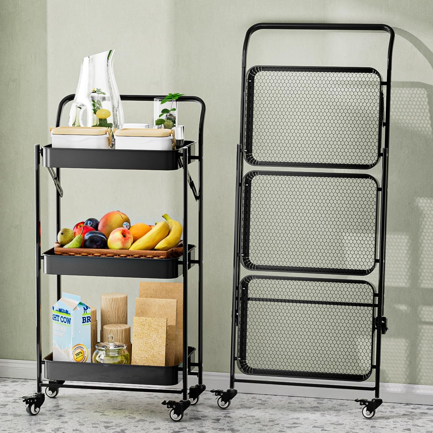 JAQ No Assembly Foldable Rolling Cart, 3 Tier Black Metal Folding Utility Car…