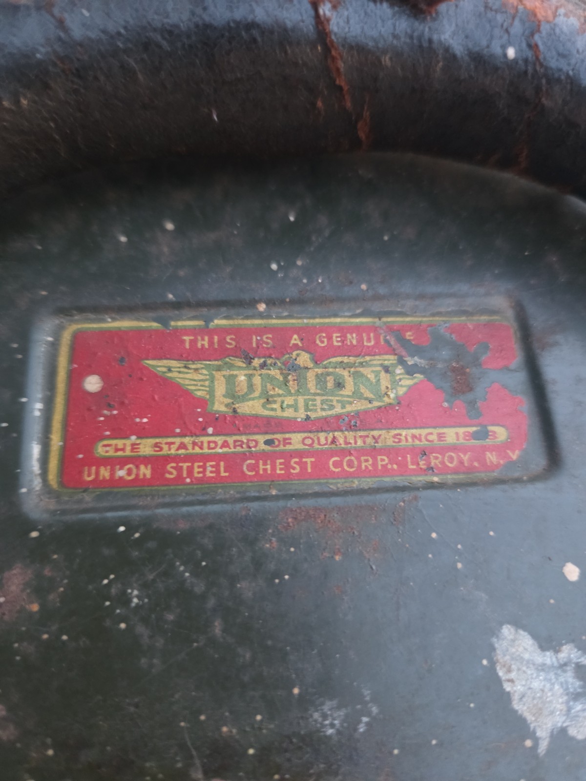 2 Vintage Union Steel Chest Works Metal Tool Boxes W/ Leather Handles U GET BOTH