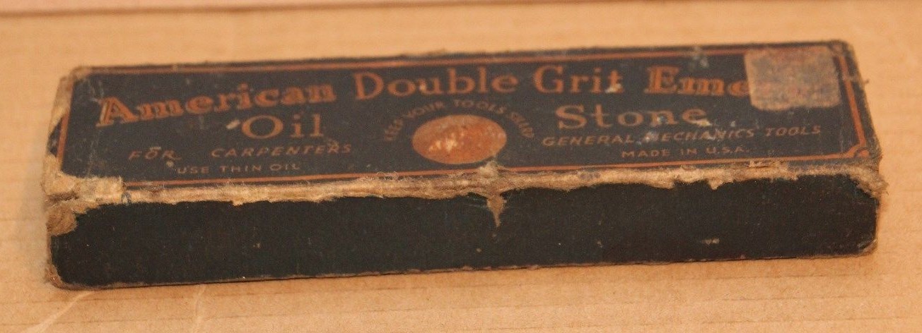 AMERICAN DOUBLE GRIT EMERY OIL SHARPENING STONE WITH ORIGINAL BOX VINTAGE TOOL