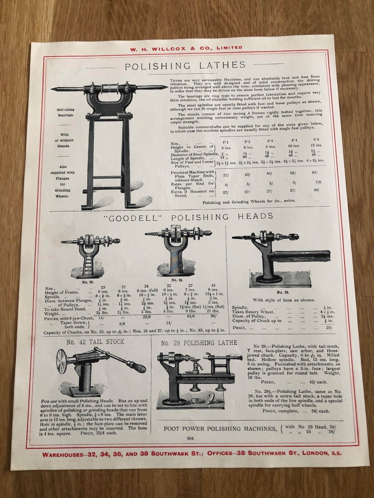 1917 w.h. willcox of london double sided print ! polishing lathes and heads