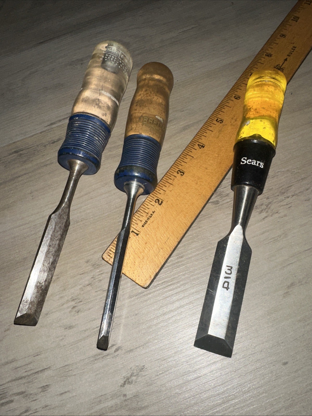 Set Of 3 Vintage Sears Craftsman Beveled Chisels 3/4, 1/2 & 1/4” Used