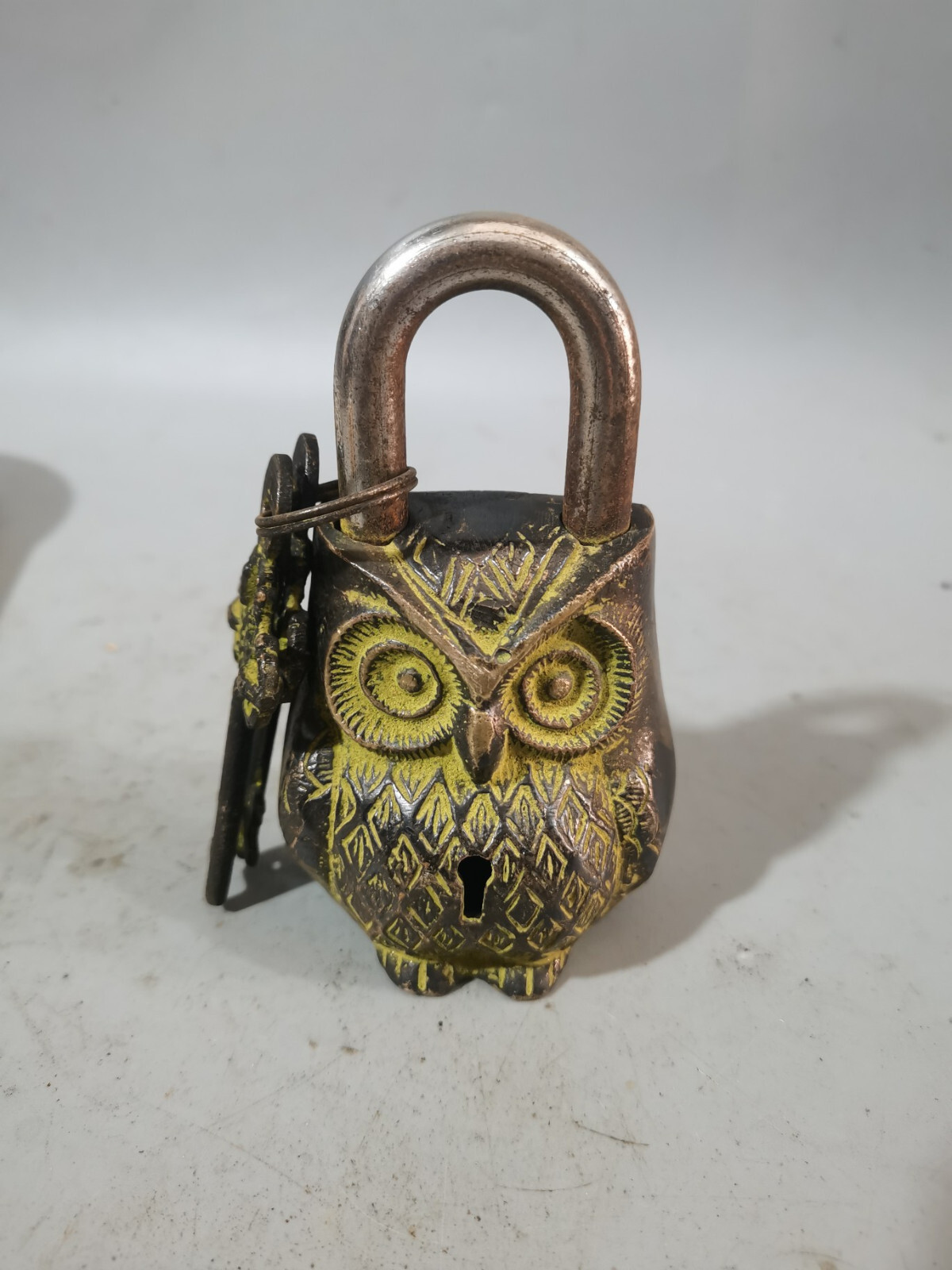 5″ Collect Old Style bronze copper carved Owl statue padlock lock and key