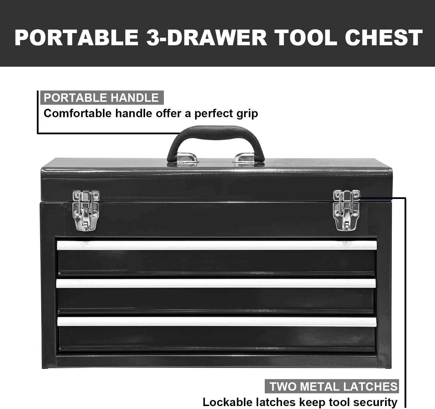 Elegant 20.5in Heavy Duty 3-Drawer Metal Tool Box with Lock for Secure Storage