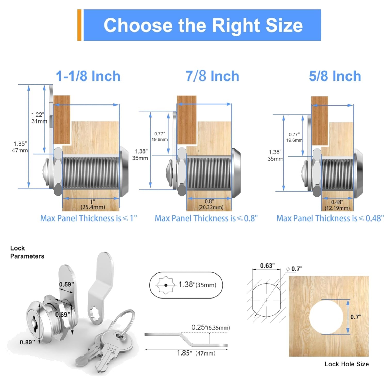 3 Pack Zinc Alloy Cabinet Locks with Keys