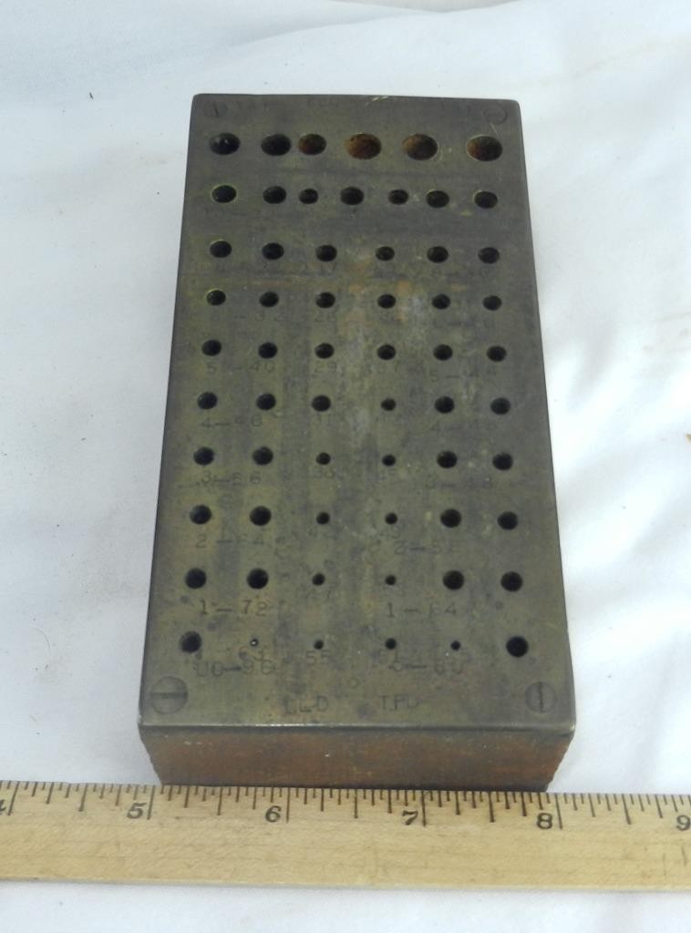 Vintage Tap CLD TPD Drill Block Metal Stand Holder Holds 58 Brass Top Wood Base!