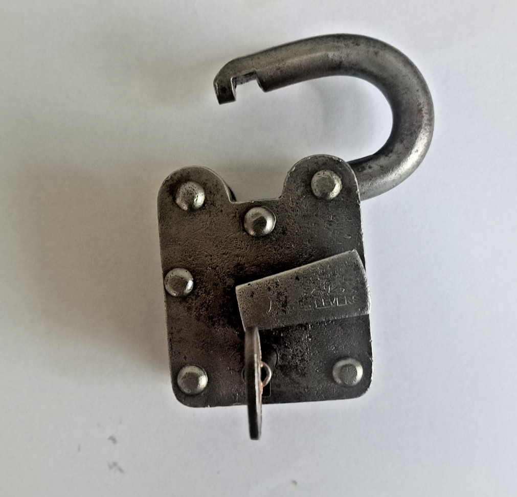 Antique Six Lever Large Steel Lock In working Condition with Key 3 1/2″ x 2 1/8″