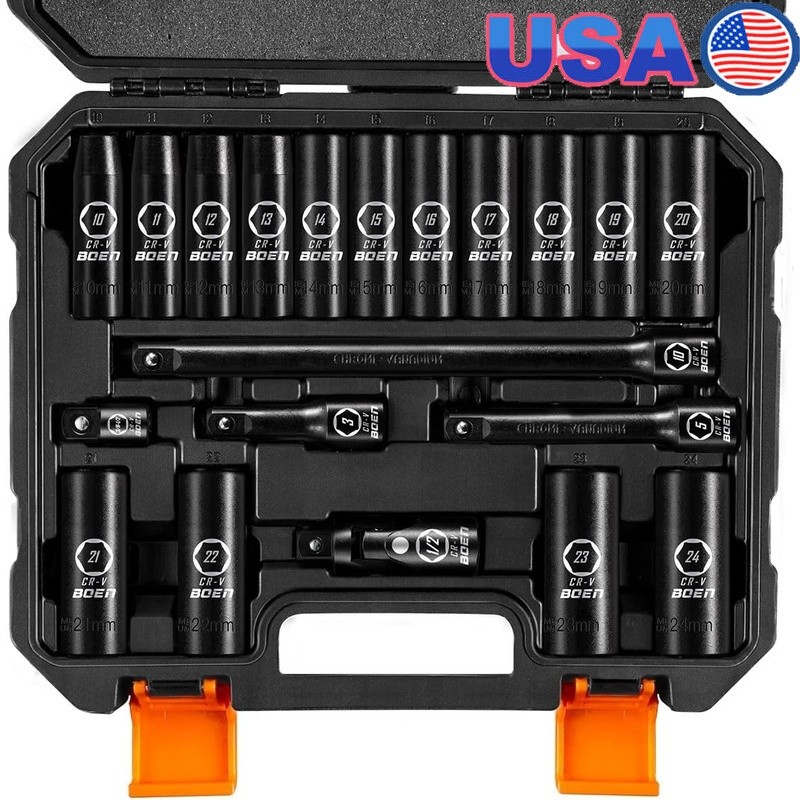 1/2 Inch Impact Socket Set 20 Pieces CRV Steel 6-Point Hex Design Durable New