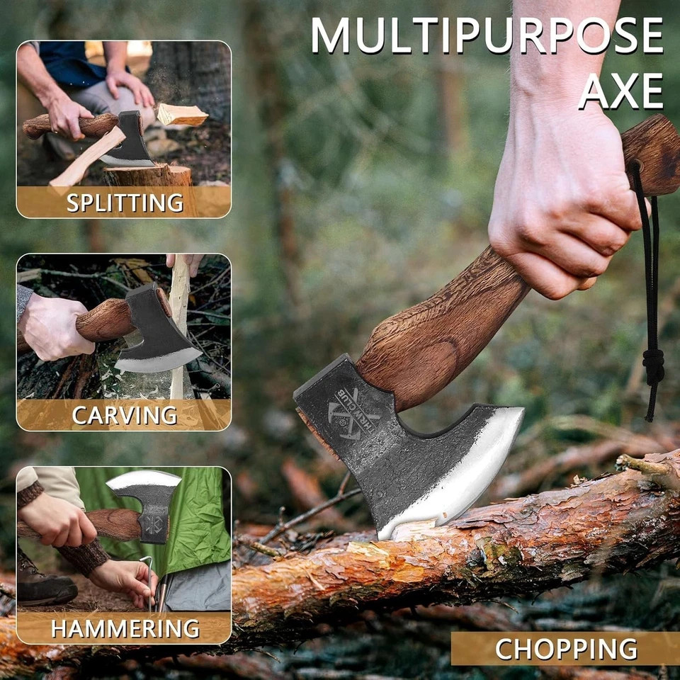 10.7 Inch Hatchet Axe, Camping Hatchet with 1065 High Carbon Steel and Leather S