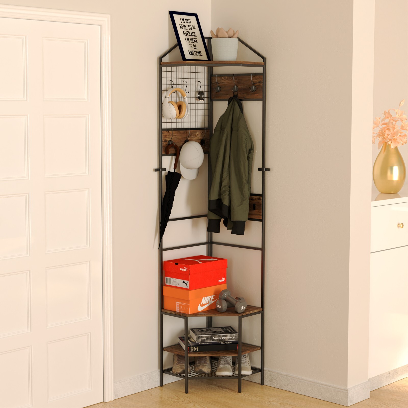 72.4″ Corner Tall Clothing Rack Coat Racks Shoes Shelf Stuffs Storage w/Hooks