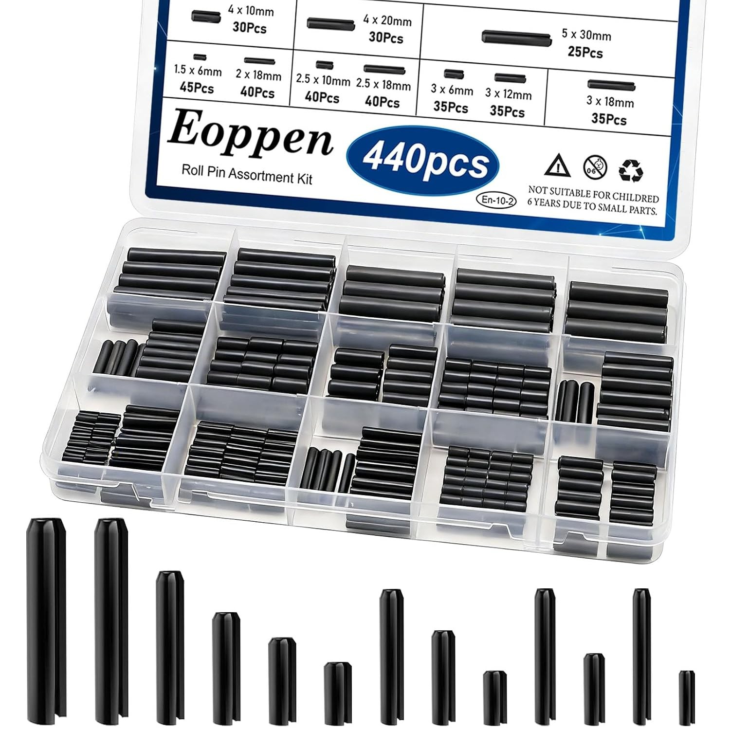 440pc Roll Pin Assortment 13 Sizes Steel