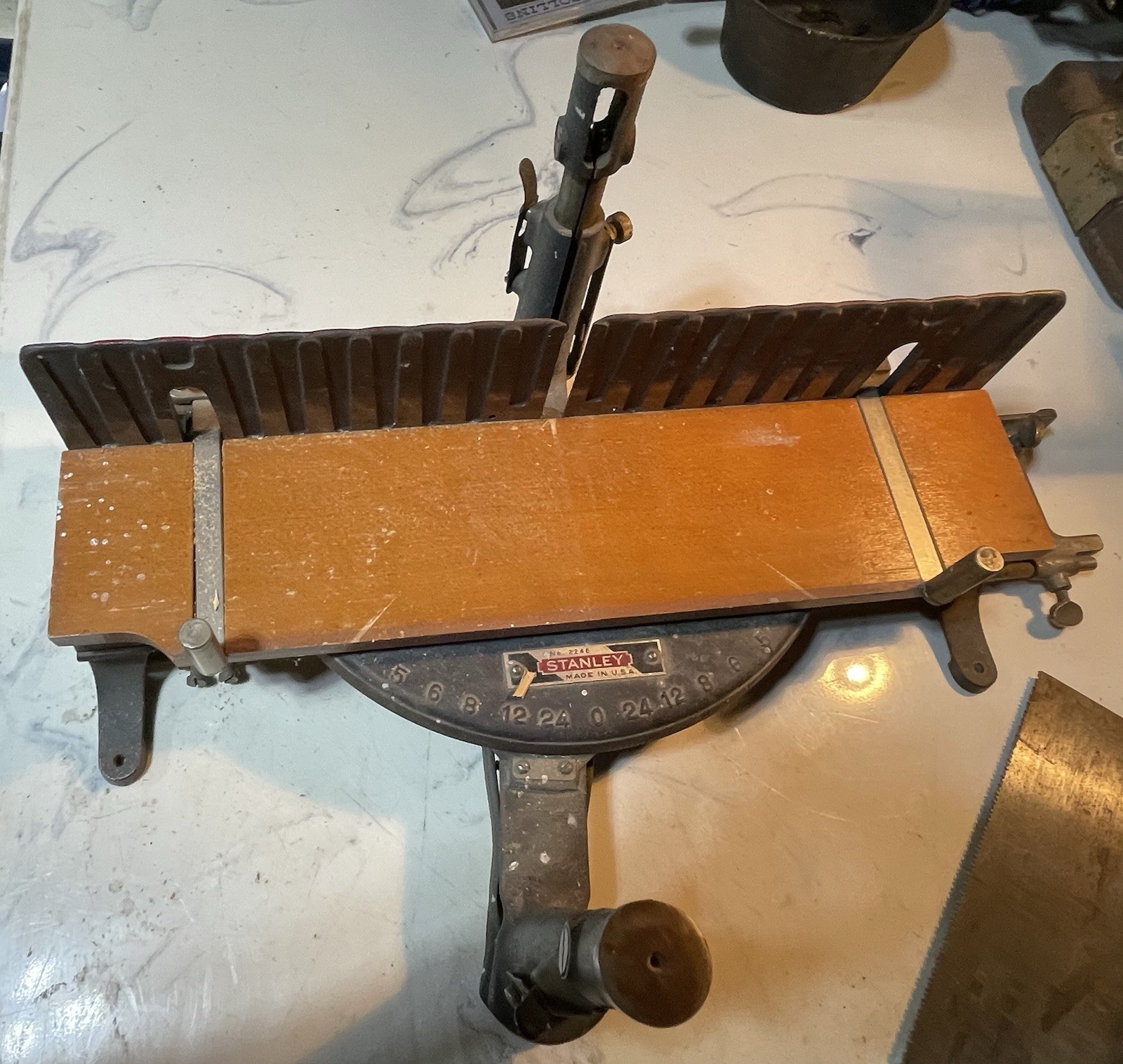 Antique Stanley No. 2246 Mitre Box Frame, Stanley 26×4” Saw, Instruction Card