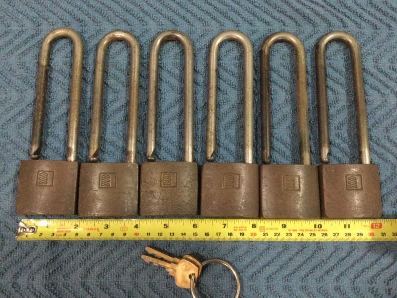 6 Vintage Sargent USA Padlock Keyed alike 2 inch wide brass body long shackle