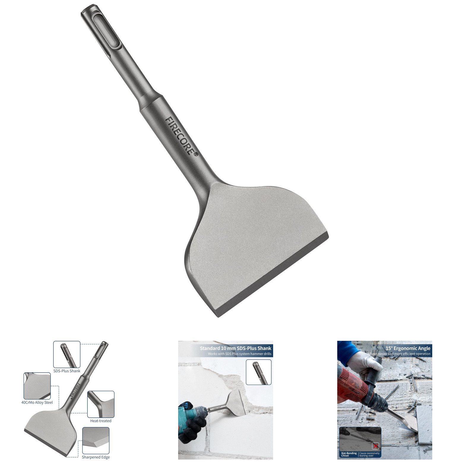 SDS Plus Chisel 3 Inch Wide by 6.5 Inch Long Alloy Steel Tile Removal Tool for
