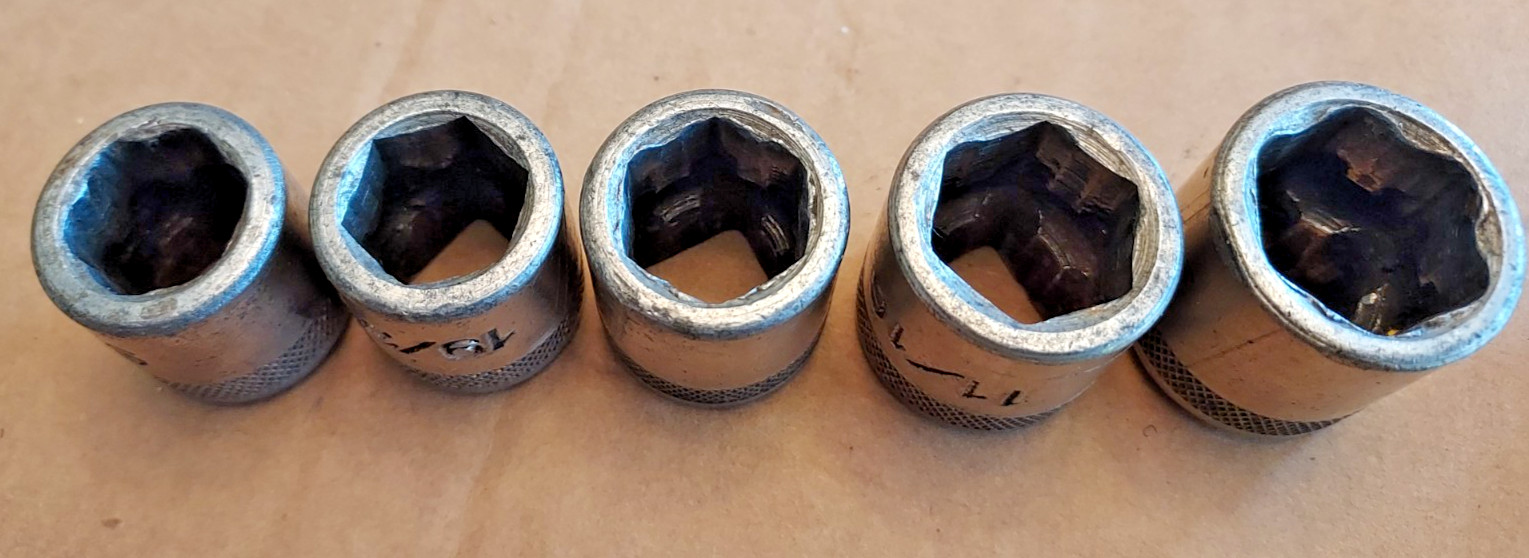 Antique 15-pc 1/2″ drive socket set; knurled base, surface drive. Made in USA